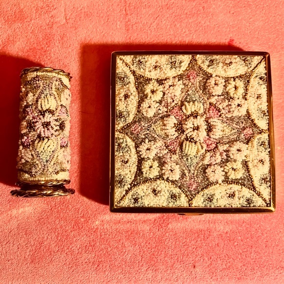 Accessories - Vintage France Microbead Mosaic Compact & Lipstick Set Circa 1940s